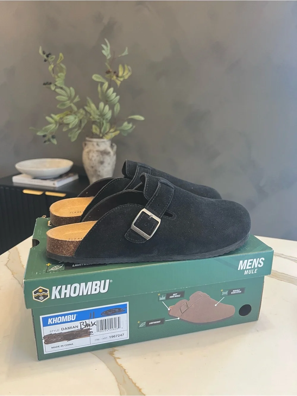 Khombu Men's Black Suede Slip-On Mule with Buckle